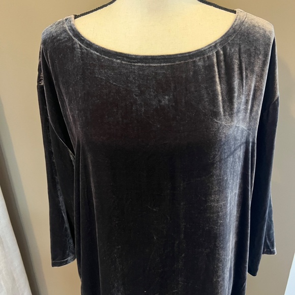 Eileen Fisher Charcoal Gray Silk Blend Velvet Dress, Pockets, Size Large - Picture 2 of 12